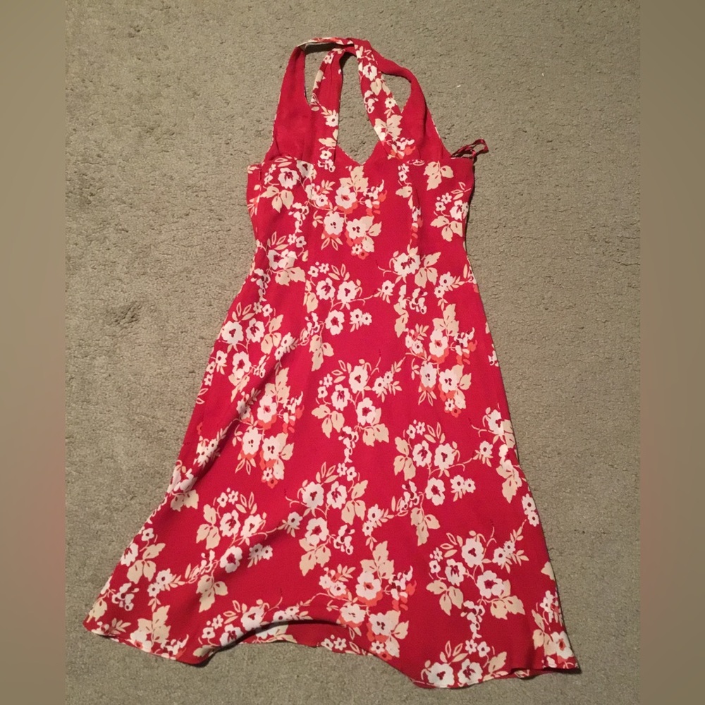 Red sun dress with white flowers